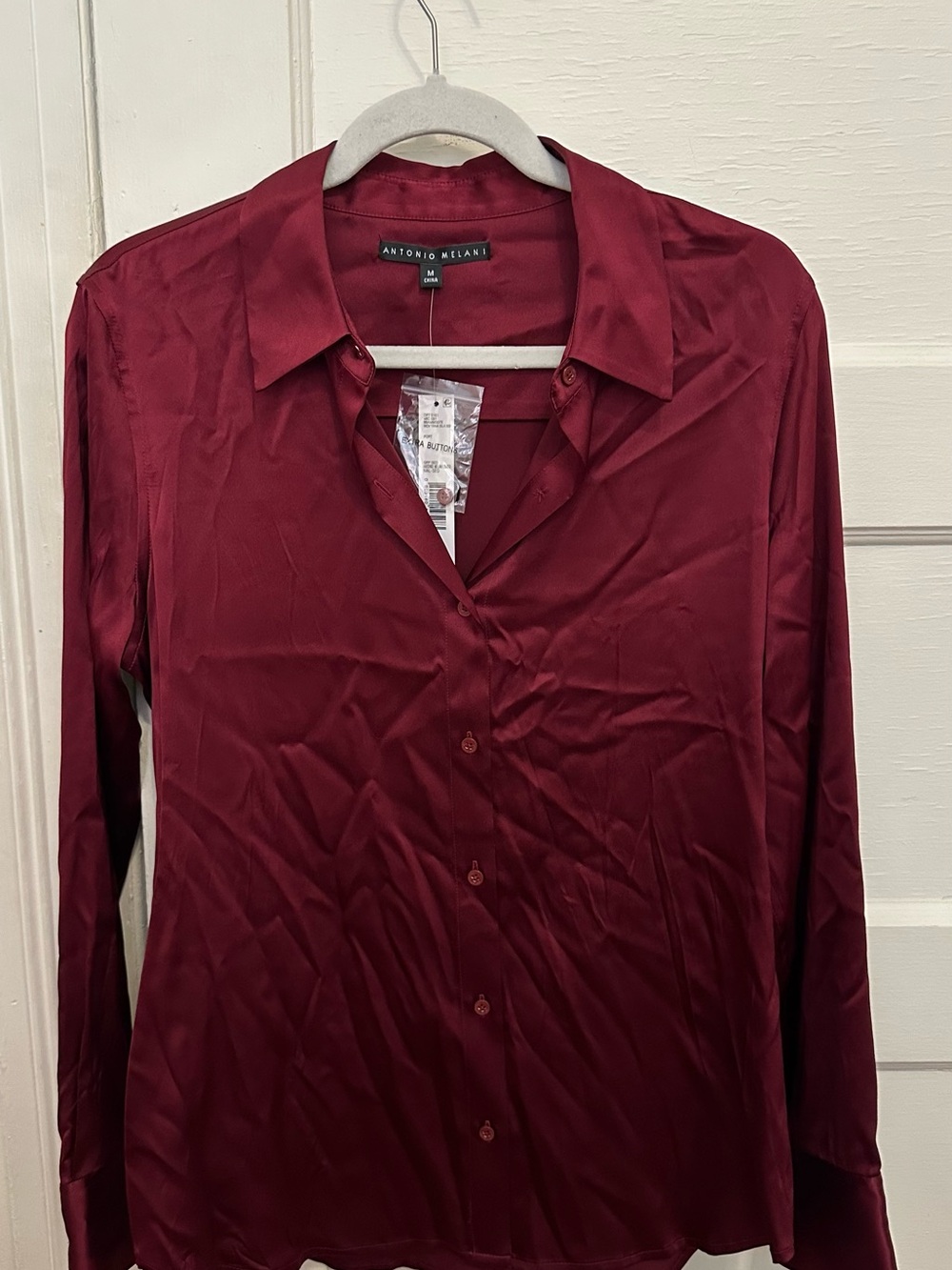 ANTONIO MELANI Burgundy Satin Button-Down Blouse